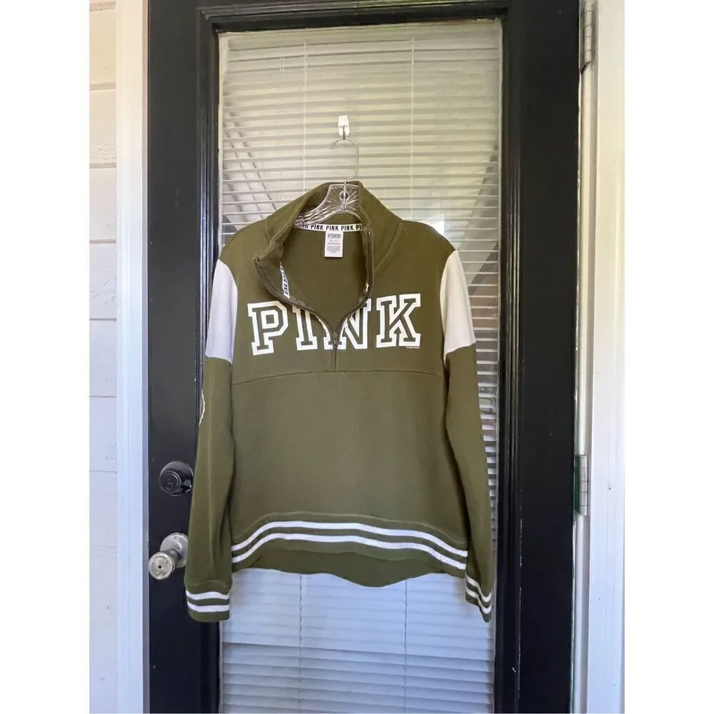 Victoria Secret Pink Olive Green 1/4 zip Pull over sweater Jacket Size XS - Picture 11 of 12